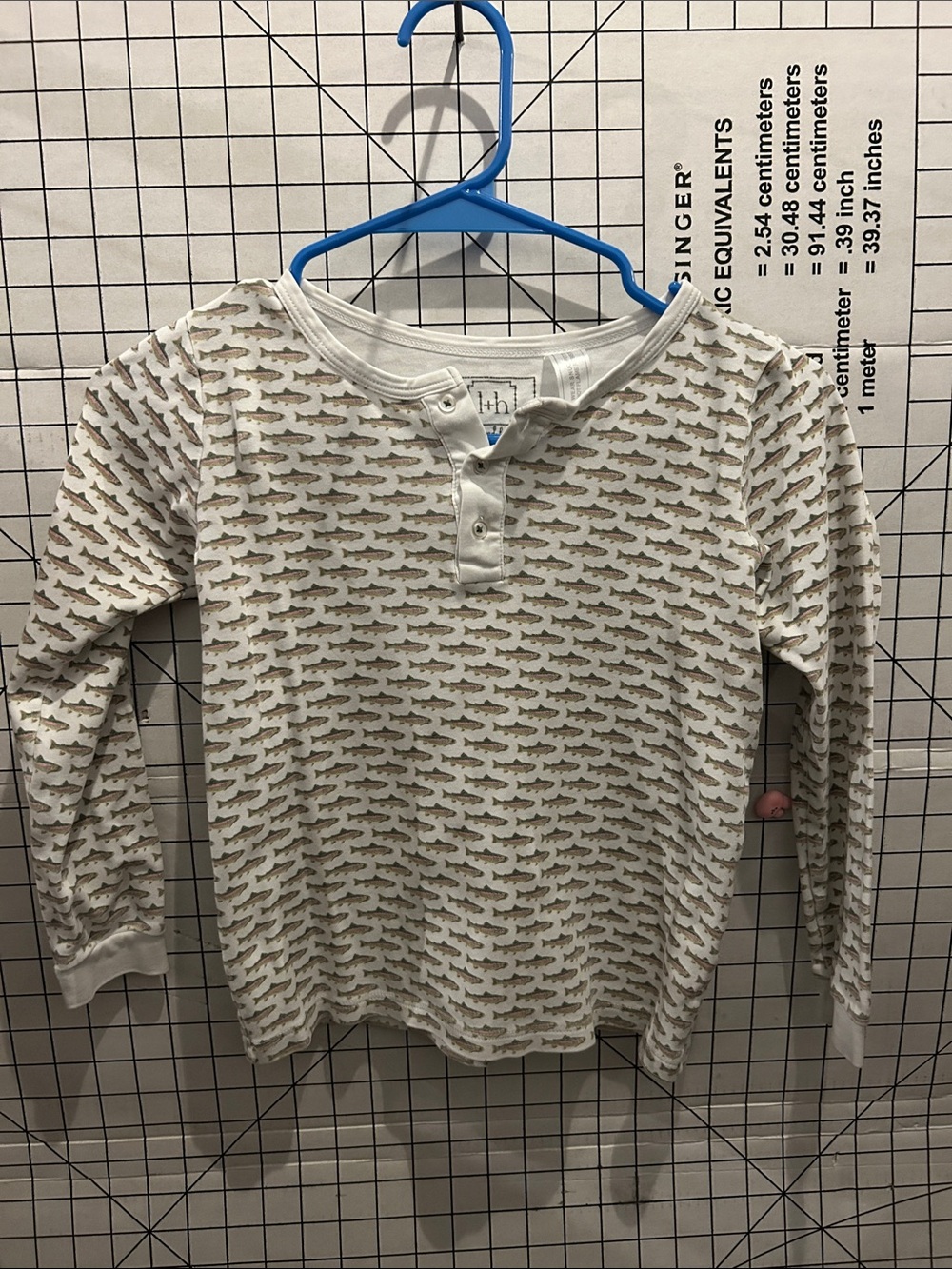 Kids Cream Long-Sleeve Henley Shirt with Brown Trout Print